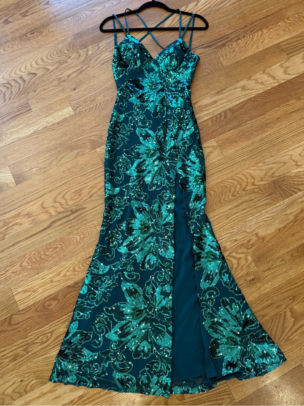 Crystal Doll Teal & Emerald Sequin Floral Prom Gown